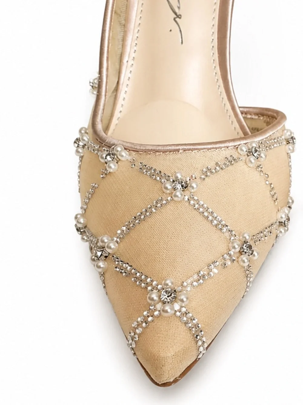 Betsey Johnson Cruze Rhinestone Pearl Mesh Pumps Nude Heels Size 6.5 W/Box